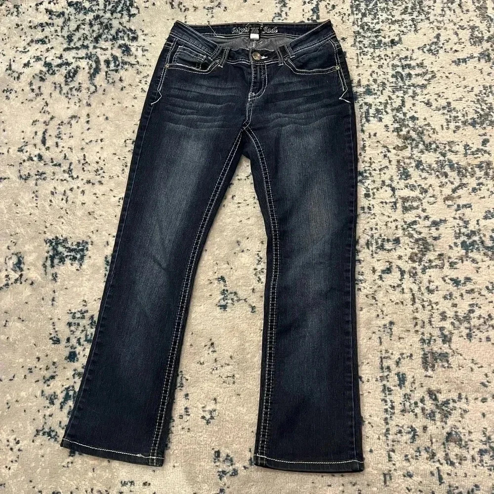 Myth of Jade Dark Wash Boot Cut straight leg white stitching pocket detail 28